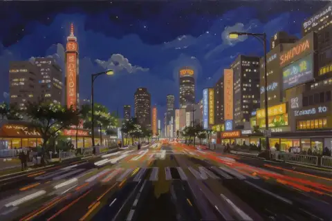 渋谷交差点のネオンライト：東京の夜