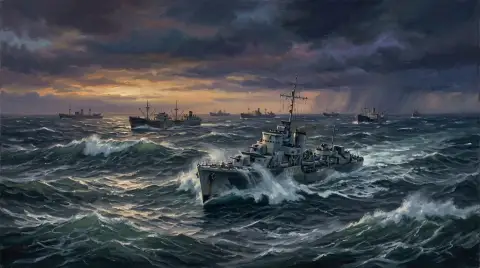 黄昏時の嵐の大西洋を進む灰色の護送船団の軍艦を描いた油絵