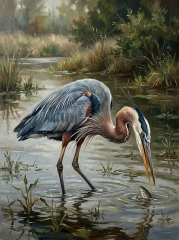 浅い水の中に立ち、小さなカエルを見つめるタイタンサギの油絵