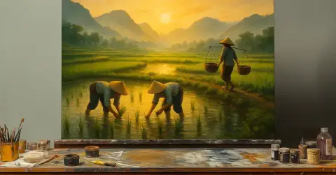 日の出の田んぼで円錐形の帽子をかぶった農民が稲を植える油絵