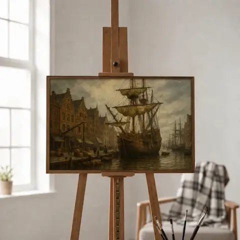 Pintura a óleo emoldurada do Mayflower atracado em Amsterdã pendurada numa parede