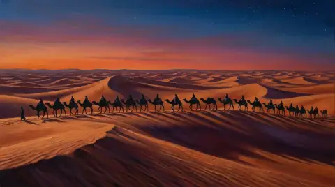 لوحة زيتية لقافلة جمال تعبر كثبان الصحراء الكبرى عند الغسق