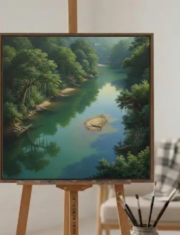 Oil painting of a calm river winding through a dense emerald forest