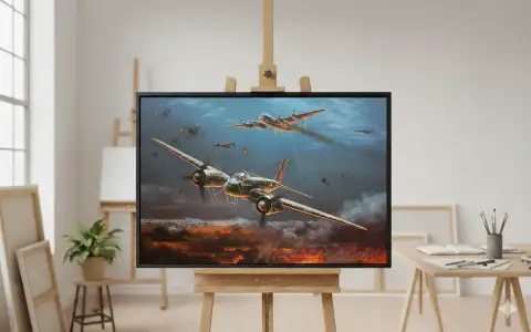 Картина маслом: два винтажных военных самолета в драматическом воздушном бою с дымом и огнем