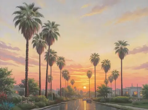ロサンゼルスの夕日幸せ：ヤシの木の喜び