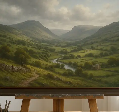 Oil painting of rolling green hills and a valley in the Yorkshire Dales
