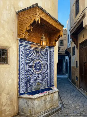 لوحة زيتية لنافورة فسيفساء زرقاء وبيضاء تحت مظلة مذهبة في زقاق فاس