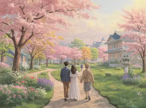 ソウルの桜の下でのカップルの散歩