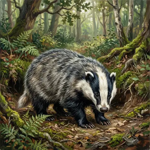 Oil painting of a badger walking through ferns and moss in a forest