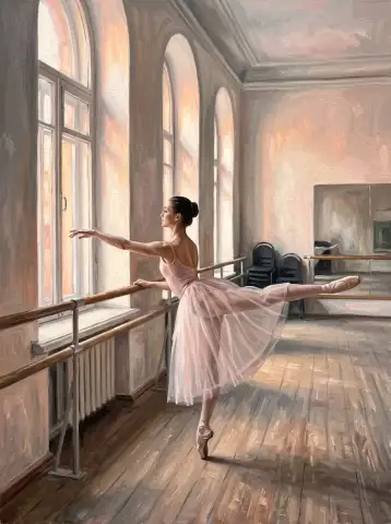 朝の光の中、ピンクのチュチュを着てスタジオのバーレッスンでストレッチするバレリーナの油絵
