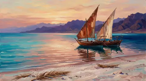 アカバ近くの紅海でたそがれ時に浮かぶ漁用ダウ船の油絵