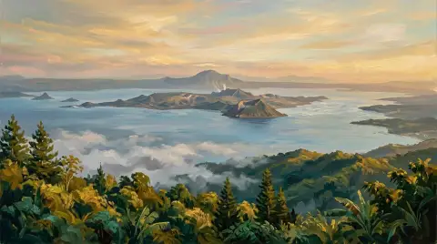 森林に覆われたタガイタイ・リッジから望む、湖からそびえるタール火山を描いた油絵