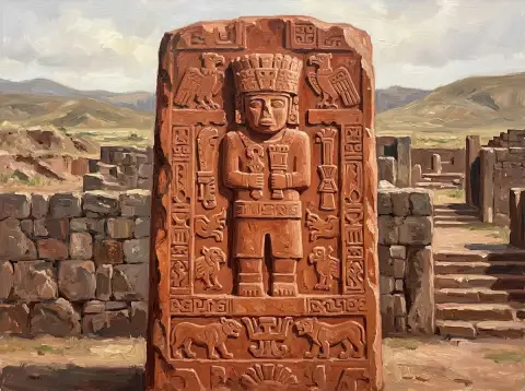 アンデスの古代遺跡の中に立つ、彫刻が施されたティワナクベネットモノリスの油絵