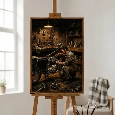 Механик реставрирует винтажный мотоцикл