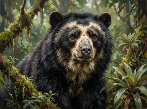 緑のジャングルの葉の間から覗くメガネグマを描いた油絵