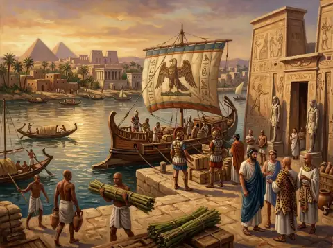 لوحة زيتية لميناء صاخب في مصر القديمة مع معابد وأهرامات