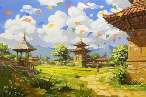 カトマンズの寺院にある鮮やかな prayer フラッグ