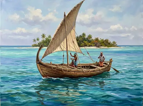 Oil painting of a wooden dhoni sailboat with two fishermen sailing toward a tropical island