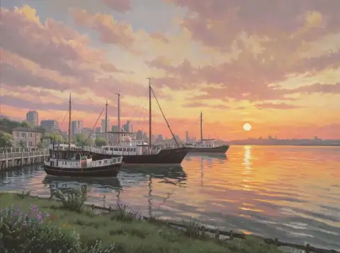 オークランドの夕日：港の静けさの中のフェリー