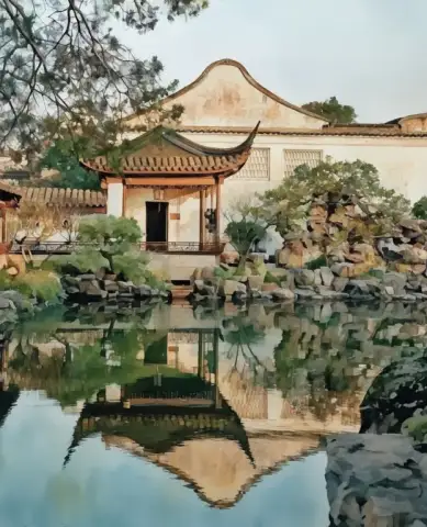 四川の庭の pavilion の静かな反映