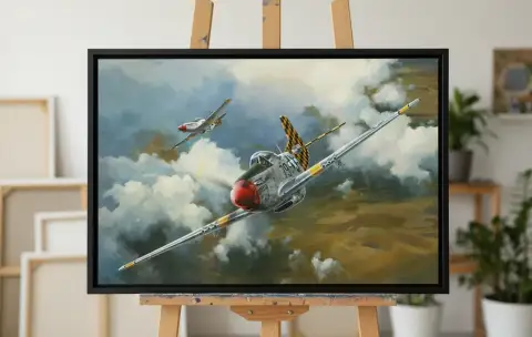 Картина маслом с изображением двух истребителей P-51D «Мустанг», летящих в белых облаках