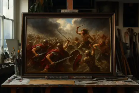 嵐の空の下、アレシアの戦いで兵士たちが白兵戦を繰り広げる油絵