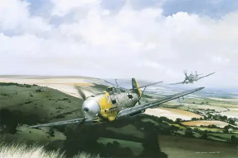 イギリスの田園地帯の上で空中戦を繰り広げるBF109とスピットファイアの油彩画