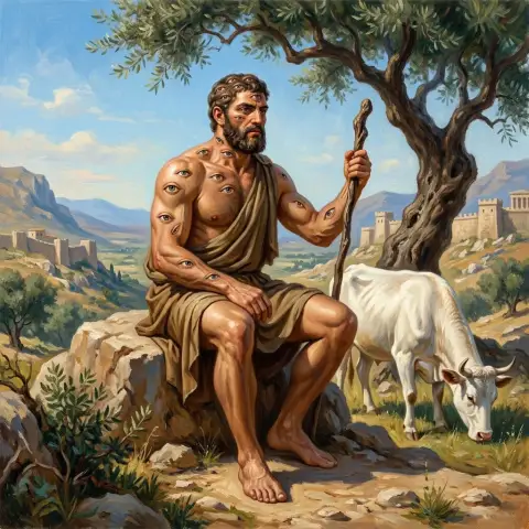 古代ギリシャの都市の近くで、白い牛のそばに杖を持って座る多眼の巨人アルゴスを描いた油絵。