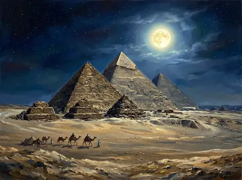 لوحة زيتية لأهرامات الجيزة تحت ضوء القمر الكامل مع قافلة جمال تعبر الصحراء