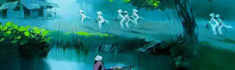 ベトナムの田園で青緑の水路沿いを白いアオザイの学生たちが歩く油絵