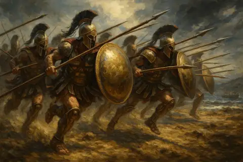 Three hoplites with locked shields and raised spears beneath a stormy sky in an oil painting