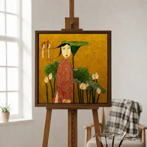연꽃 사이 빨강 금빛 아오자이 베트남 여인