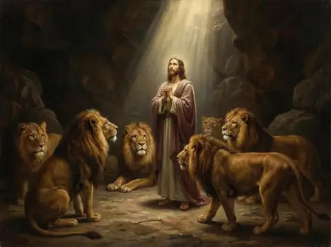 Pintura a óleo de Daniel orando em um feixe de luz cercado por seis leões em uma cova de pedra
