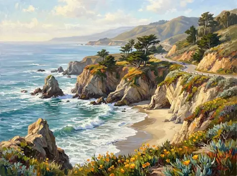 崖と波と野花があるカリフォルニアの荒々しい海岸線の油絵