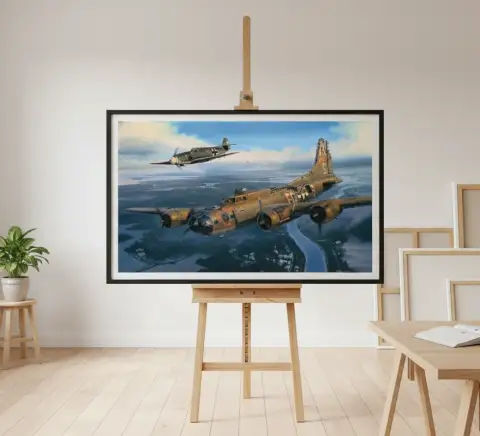 戦闘機と爆撃機が海の波の上を低空飛行する油彩画