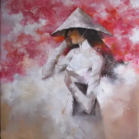 Impressionistic oil painting of a figure in a white ao dai and conical hat walking through pink blossoms