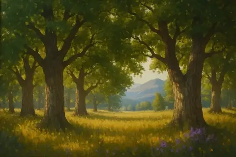 夏の日差しが降り注ぐ草原にそびえるオークの木と野花を描いた油絵