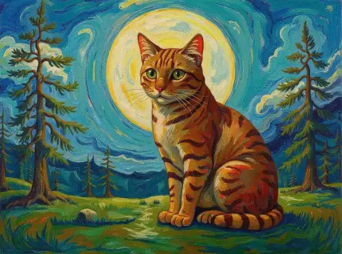 Кот Коррат, смотрящий на сосны, освещенные луной в стиле Ван Гога