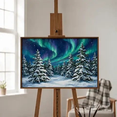 Северное сияние над заснеженным сосновым лесом