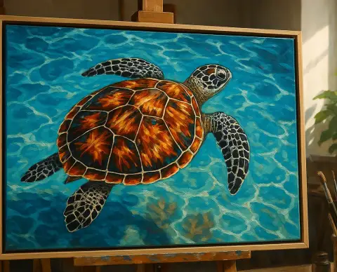 明るいティール色の海を泳ぐ、炎のようなオレンジと金色のモザイク甲羅を持つウミガメの油彩画
