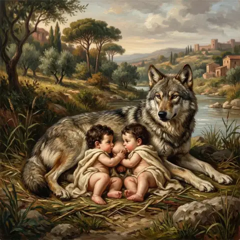 Pintura a óleo da loba amamentando os bebês Rômulo e Remo em uma paisagem italiana
