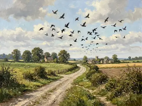 生け垣と羊が草を食む農地の道の上を飛ぶ鳥の群れの油絵