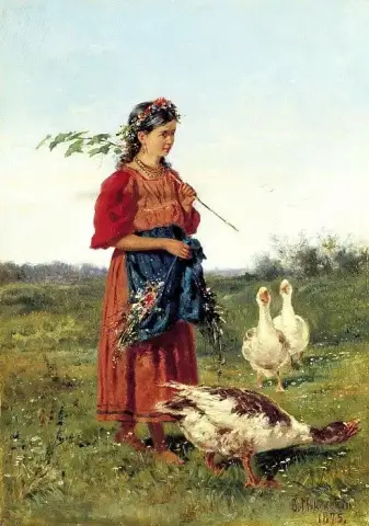Очаровательная деревенская девушка с гусями