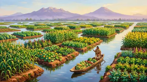 運河、作物の区画、ボート、夕日の山々のあるソチミルコの浮かぶ庭園の油絵