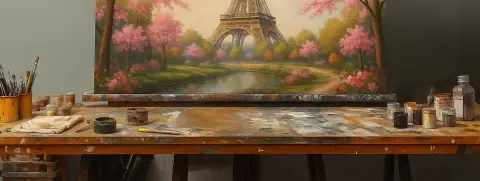 小道沿いに咲くピンクの桜の木を通して見えるエッフェル塔の油絵