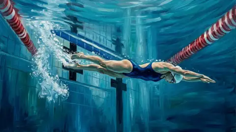 泡の跡を残しながら水中ドルフィンキックを行うスイマーの油彩画