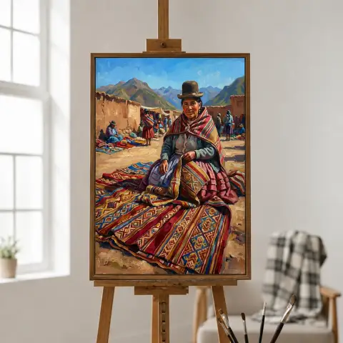 امرأة سوق أندية مع منسوجات مطرزة