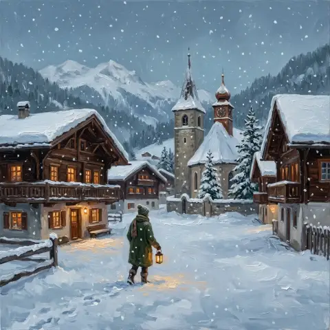 提灯に照らされた小道のある、夕暮れの雪に覆われたアルプスの村を描いた油彩画