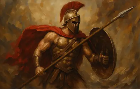 槍と丸い盾を手に前進するスパルタ戦士を描いた油絵