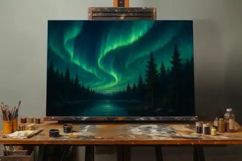 Framed painting of the northern lights over a forest lake hanging in a bedroom.